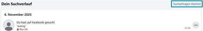 Facebook search history with Clear searches highlighted.