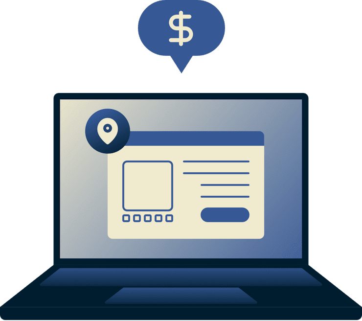 Ordinateur portable montrant une fen&ecirc;tre de navigateur avec une &eacute;pingle de localisation et un signe de dollar au-dessus.