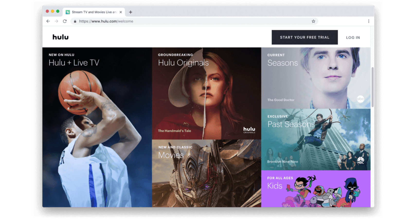 Hulu-velkomstsk&aelig;rm med billeder af serier.
