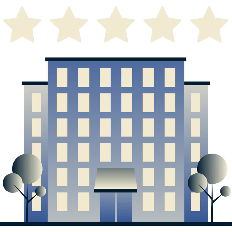 Duży hotel, nad kt&oacute;rym unosi się 5 gwiazdek.