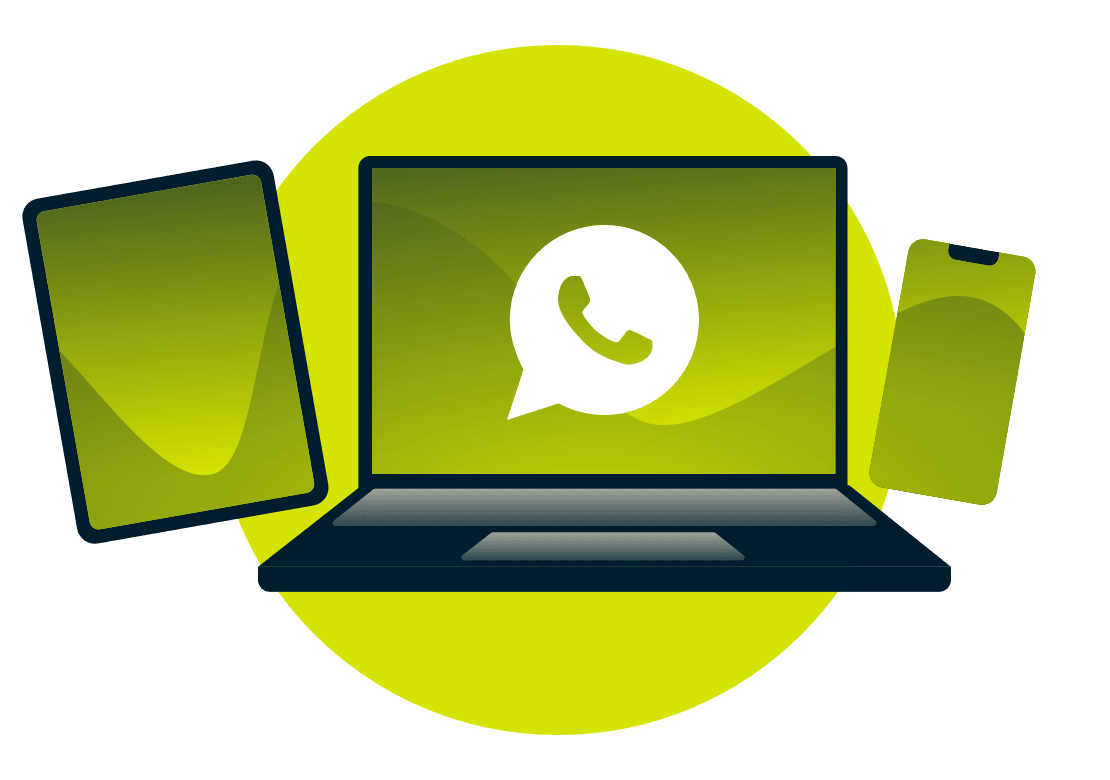 Ein Laptop, ein Tablet und ein Telefon mit dem WhatsApp-Logo.