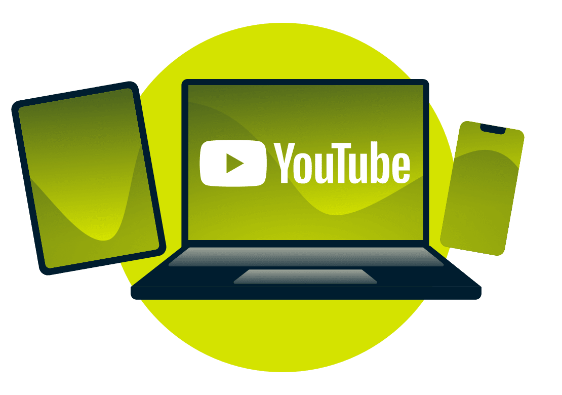 En b&aelig;rbar computer, en tablet og en telefon med YouTube-logoet.
