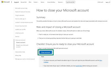 Microsoft support page with instructions on how to close a personal Microsoft account.
